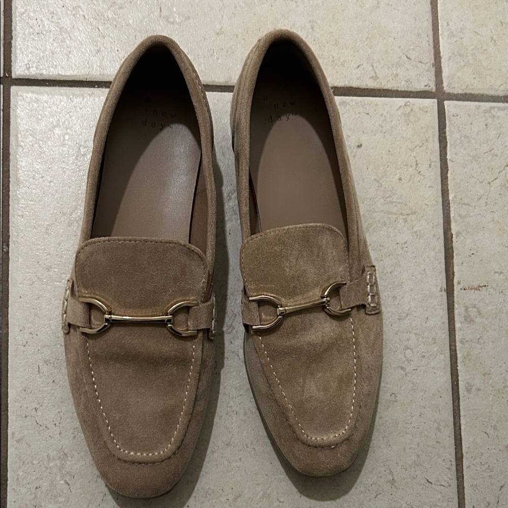 Womens Tan Suede Loafers with Gold Accent